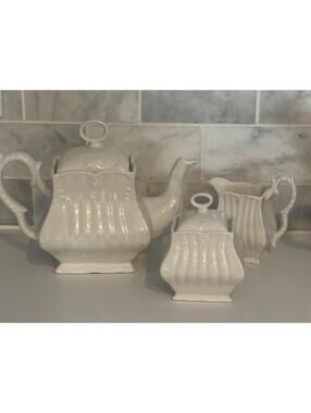 Set of 3 Peppertree Tabletops White Porcelain Patterned Teapot Creamer Sugar